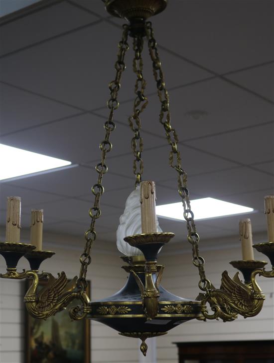 An Empire-revival toleware gilt bronze electrolier (Maison Lucien Gau)
